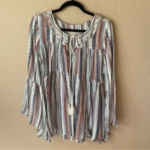 Altar’d State Striped Embellished Bell Sleeve Blouse Top Tie Neck Large Boho